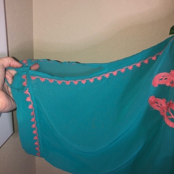 Karlie Sheer Turquoise & Embroidered in Coral Kimono Sleeve Blouse Size M - Picture 6 of 10